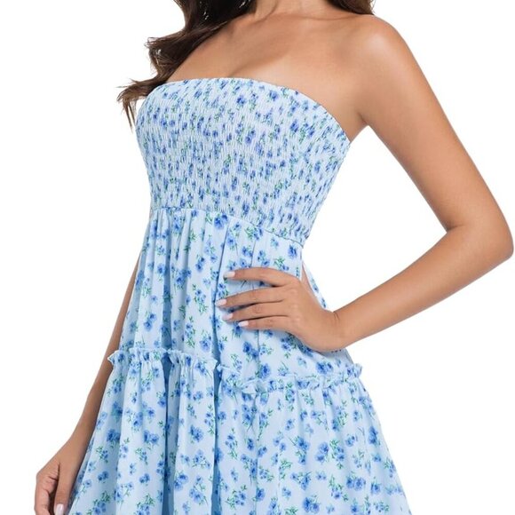 Women Summer Strapless Boho Mini Dress Polyester Beach Occasion Flowy - Picture 2 of 7